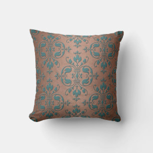 Coussin Turquoise élégant sur Damas de cuivre brunâtre