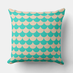 Coussin Turquoise et Beige Motif Écailles de Sirène Rayé