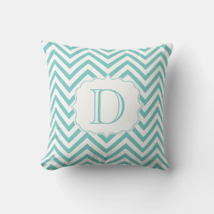 Coussin Turquoise et blanc Chevron Motif Monogramme