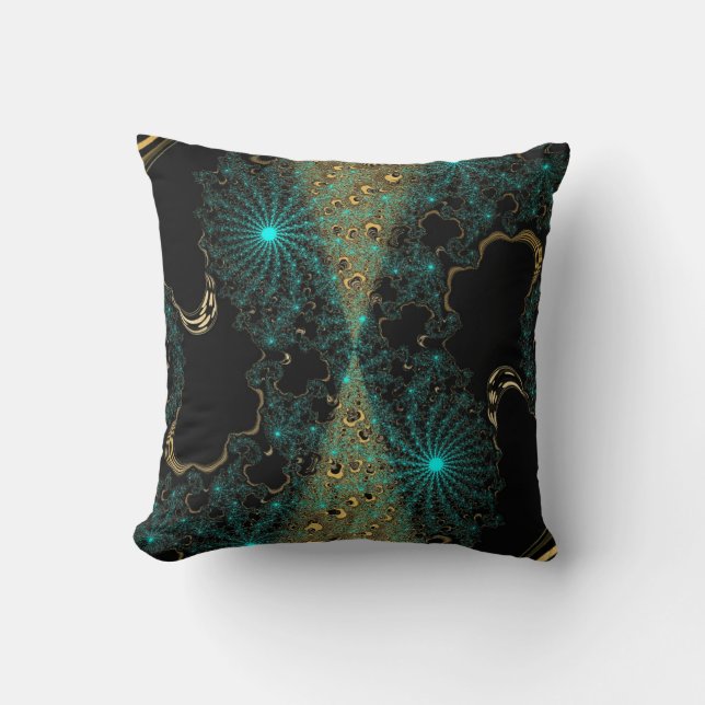 Coussin Turquoise et Gold Contrast Fractal Web Swirl (Recto)