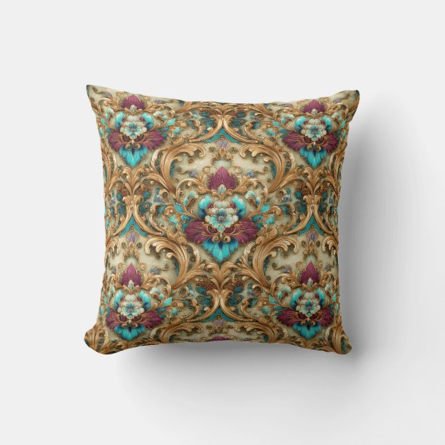 Coussin Turquoise et Or Orné Damassé (Recto)