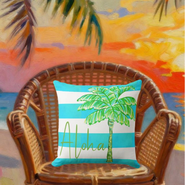 Coussin Turquoise et Rayure Blanche Palmier Aloha (Créateur téléchargé)