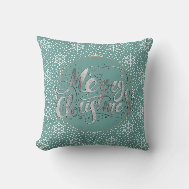 Coussin Turquoise Flocons de neige de Noël argentés (Recto)