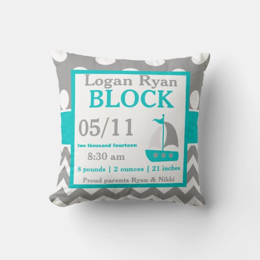 Coussin turquoise gris de faire-part de bébé de (Recto)