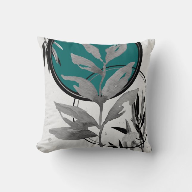 Coussin Turquoise gris et noir Abstrait feuille d'aquarell (Recto)