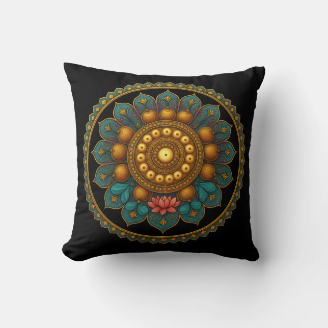 Coussin Turquoise Lotus Mandala - Reversible Black Boho (Recto)