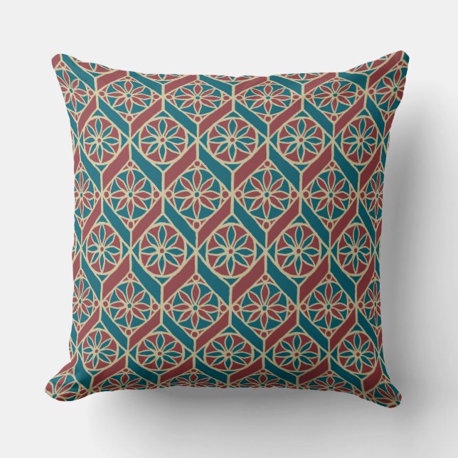 Coussin Turquoise, Maroon, Beige Ethnic Floral (Recto)
