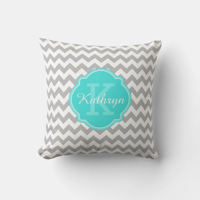 Coussin Turquoise Monogram Grey Chevron Motif (Recto)