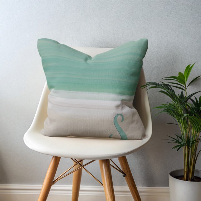 Coussin Turquoise Ocean Beach Monogram Jeu d'oreiller (A modern watercolor ocean beach inspired throw pillow with space for your initial)
