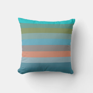 Coussin Turquoise, Olive, Corail, Bleu, Rayures Taupe