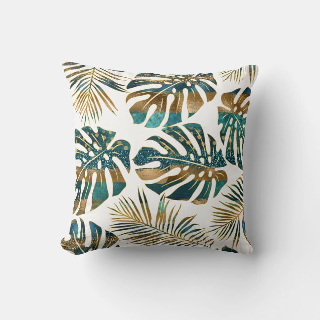 Coussin Turquoise or à motifs tropicaux feuilles brush str (Recto)