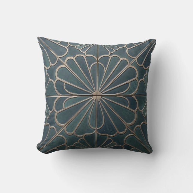 Coussin Turquoise Or Fan Pattern Art Déco Géométrique (Recto)