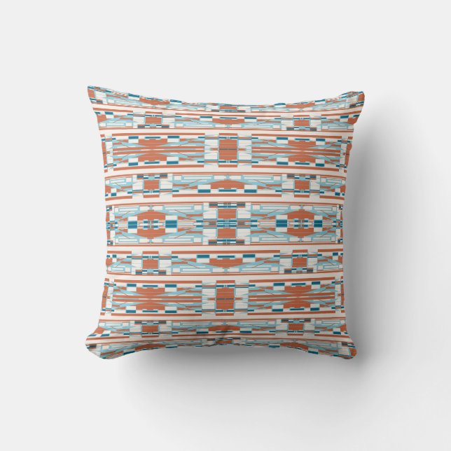 Coussin Turquoise Orange Blanc Méditerranéen Rangées Mince (Recto)