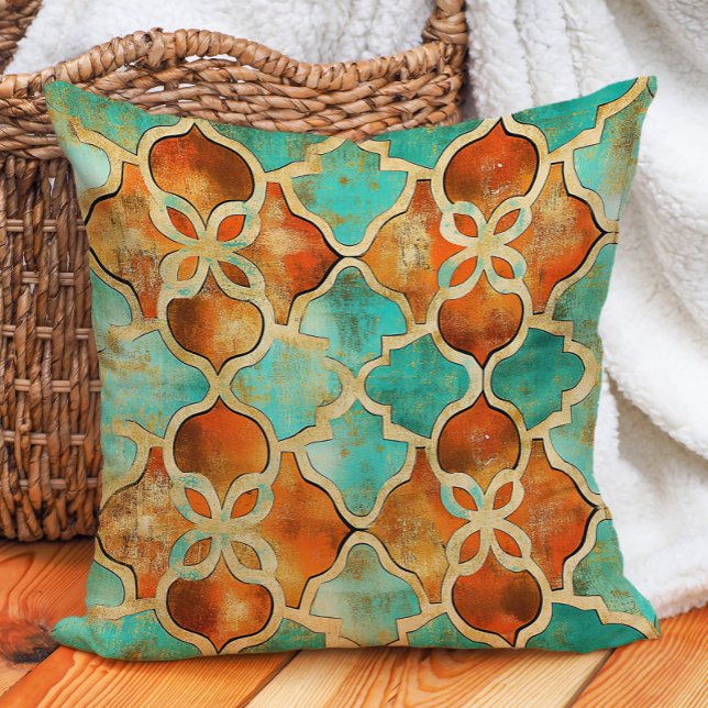 Coussin Turquoise Orange Brûlé Carreau Marocain Boho  (Turquoise Burnt Orange Moroccan Tile Boho Throw Pillow)
