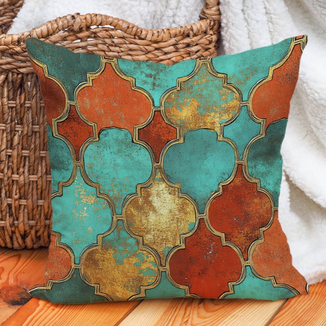 Coussin Turquoise Orange Brûlé Quatrefoil Marocain (Turquoise and burnt orange pillow)