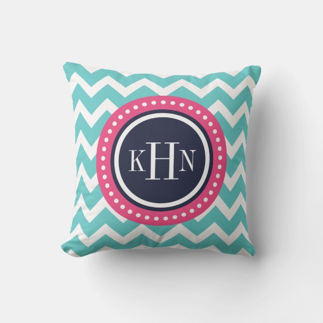 Coussin Turquoise rose et marine Chevron Monogram (Recto)