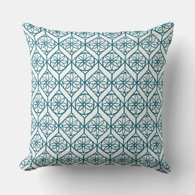 Coussin Turquoise sur Motif ethnique blanc, Fleurs, Chevro (Recto)
