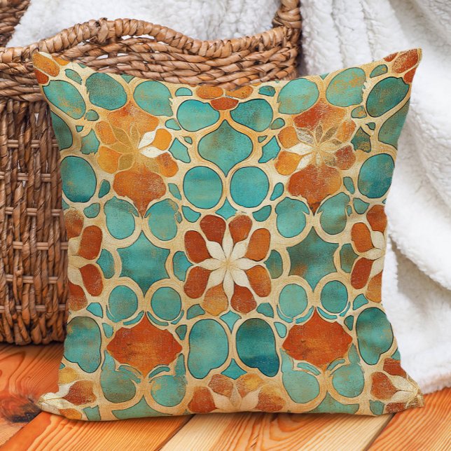 Coussin Turquoise Terracotta Marocaine Carrelage Boho Terr (Turquoise Terracotta Moroccan Tile Boho Earth Tone Throw Pillow)