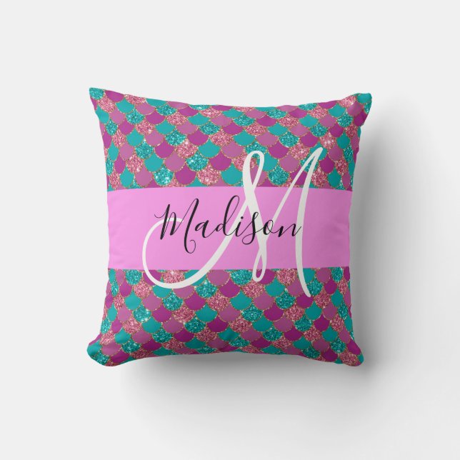Coussin Turquoise Turquoise Sirène Paillettes Monogramme (Recto)