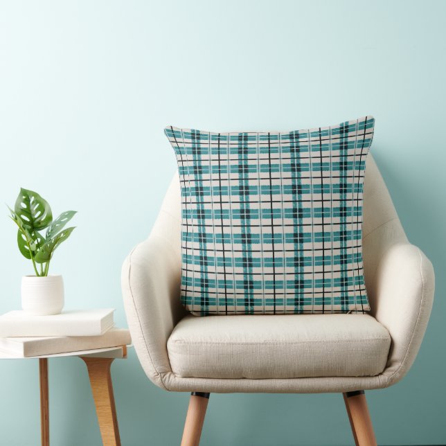 Coussin Turquoise Vert Dusty Tan Primitif Plaid (Chaise)