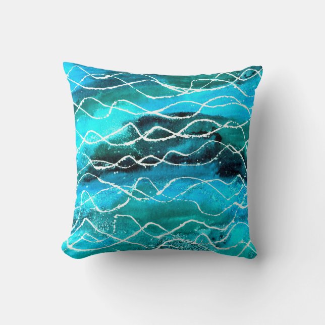 Coussin Turquoise vive, Noir, Design abstrait blanc (Recto)