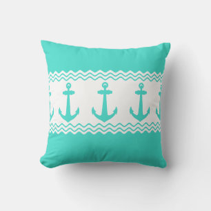 Coussin Turquoise White Nautical Anchor Coastal Stripes