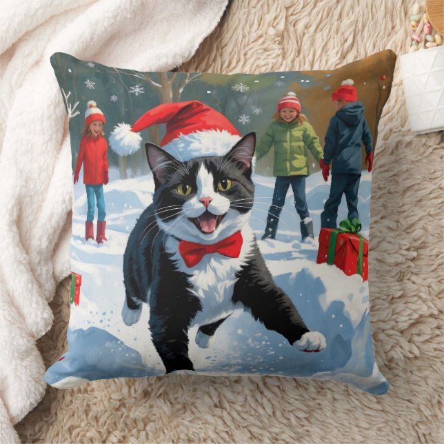 Coussin Tuxedo Chat coule en neige avec Casquette de Noël (Couverture)