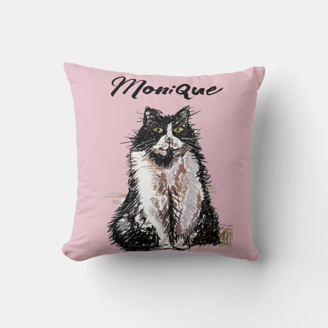 Coussin Tuxedo Chat Cute Chats Noir Blanc Pastel Rose (Recto)
