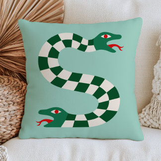 Coussin Two-Headed Snake in Green Checkered Pattern Funky