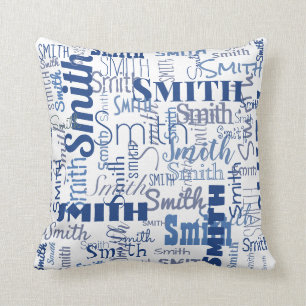Coussin Typographie blanche bleue moderne courte de profil