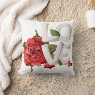 Coussin Typographie d'amour audacieux avec rose rouge roma