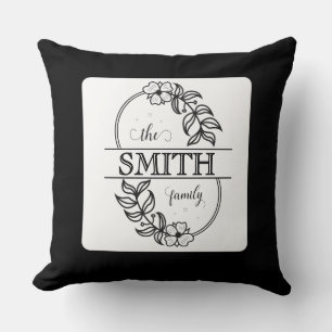Coussin Typographie de famille personnalisée florale noire