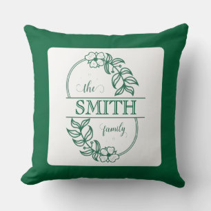 Coussin Typographie de famille personnalisée verte florale
