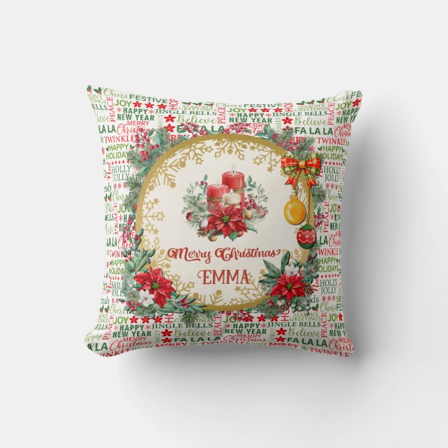 Coussin Typographie de Noël rouge et vert sans couture (Recto)