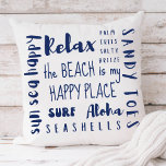 Coussin Typographie de plage tropicale Côtier<br><div class="desc">Ajoutez un peu de style côtier avec ce grand oreiller en coton jeté qui présente la typographie de thème de plage en bleu marine nautique. Les légendes comprennent "La plage est mon endroit heureux",  "palmiers brise salée",  "orteils de sable",  "soleil,  mer,  heureux",  "surf",  "aloha",  "relax" et "aloha".</div>