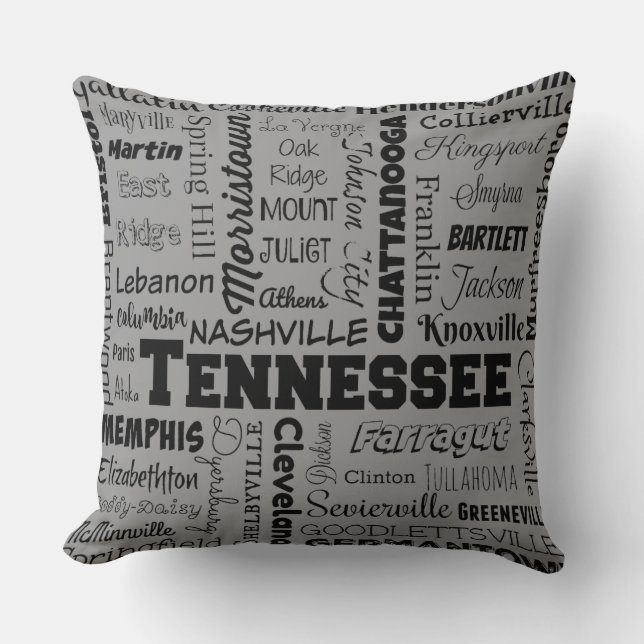 Coussin Typographie de villes du Tennessee, grise (Recto)
