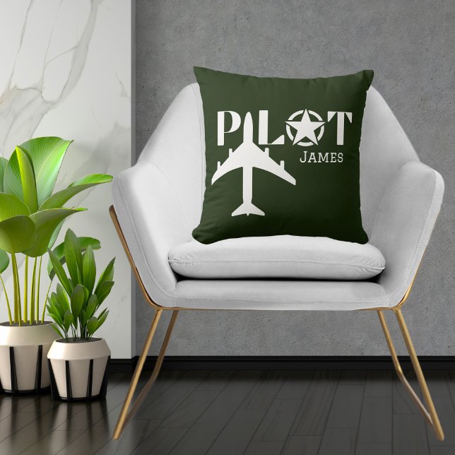 Coussin Typographie du pilote & Avion militaire, Minimalis (Créateur téléchargé)
