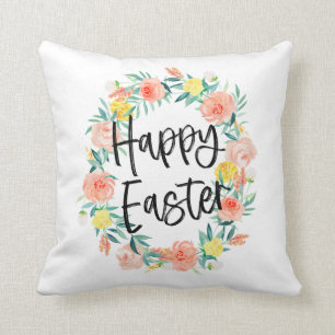 Coussin Typographie élégante Aquarelle Florale Wreath Pâqu