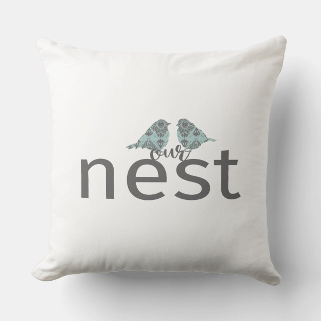 Coussin Typographie "Notre nid" Inséparables gris et bleu (Recto)