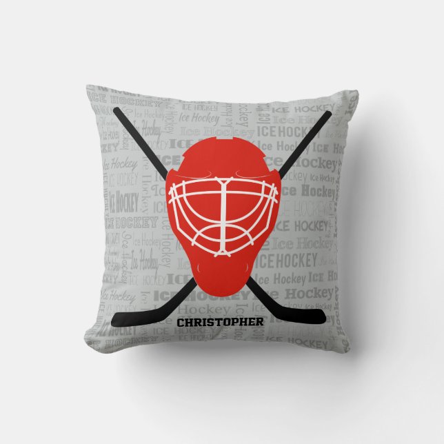 Coussin Typographie rouge de casque et de bâtons de hockey (Recto)