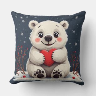 Coussin Un adorable ourson polaire blanc tenant un cœur ro