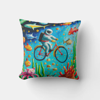Coussin Un astronaute à vélo dans la mer des pos colorées