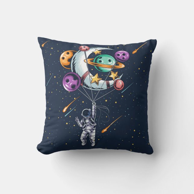 Coussin Un astronaute drôle tient un ballon de planètes (Recto)