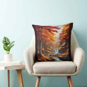 Coussin Un Cabine dans Bois d'automne AI Concept Art par X