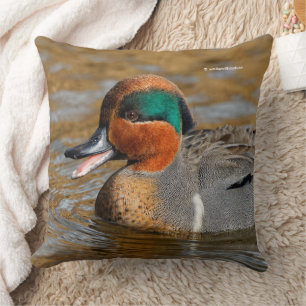 Coussin Un canard Turquoise à ailes vertes chatté à l'étan