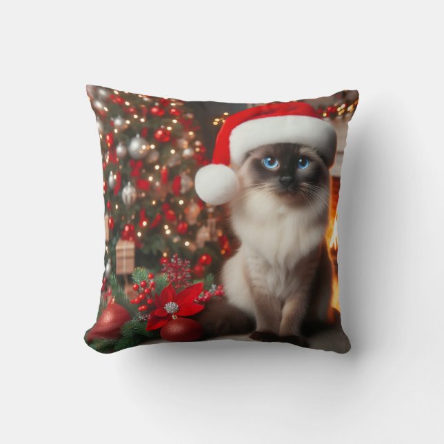 Coussin Un chat siamois avec un chapeau de Père Noël (Recto)