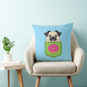 Coussin Un chien mignon qui regarde et un donut aux fraise