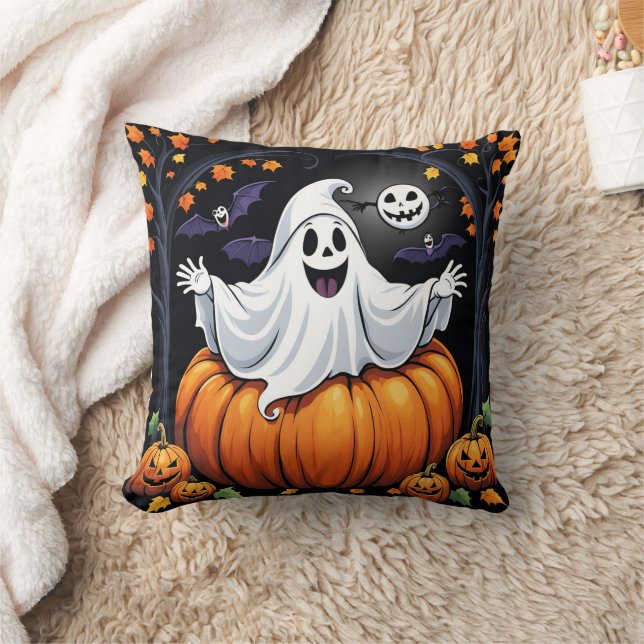 Coussin Un fantôme amical célébrant Halloween en citrouill (Couverture)