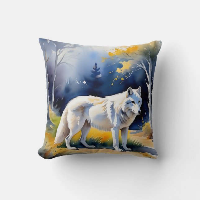 Coussin Un loup dans une aquarelle de forêt (Recto)