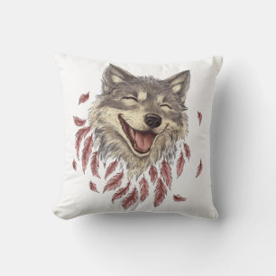 Coussin Un loup souriant joyeux en plumes